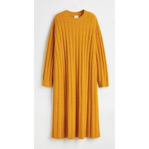H&M Rib-Knit Ribbed Midi Wool Blend Long Sleeve Dress Yellow Size Medium